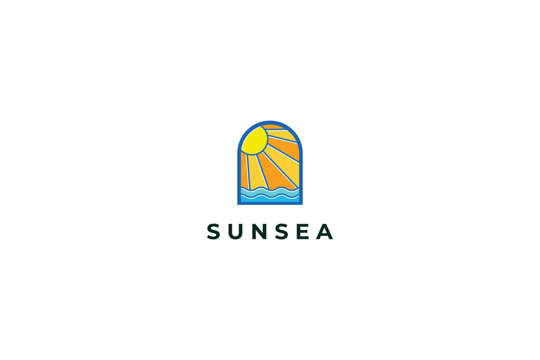 Sunset logo design featuring bright yellow sun rays shining over blue ocean waves inside an arched window frame with clean typography on white background