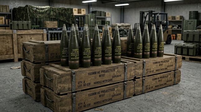 Rows of 155mm High Explosive Artillery Projectiles M107 on Wooden Ammunition Crates in a Military Warehouse Depot