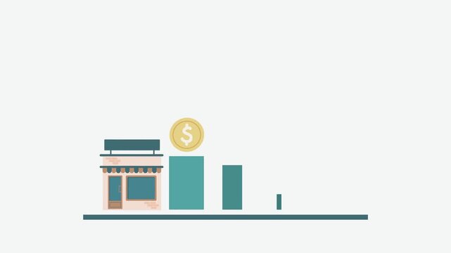 Flat vector illustration of a growing business chart with a storefront and coins