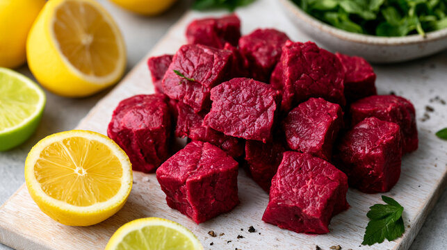 Cubed beetroot pieces on a board with fresh lemon slices beetroot cubes sliced lemon