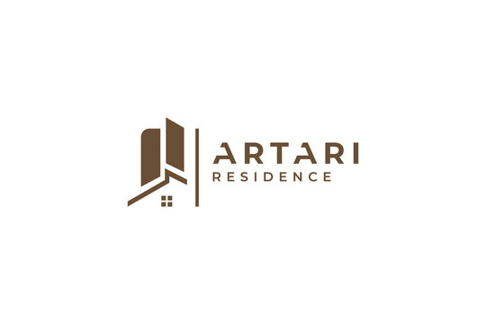 Real estate logo design featuring abstract building and house icons with brown typography isolated on a clean white background for corporate branding and identity