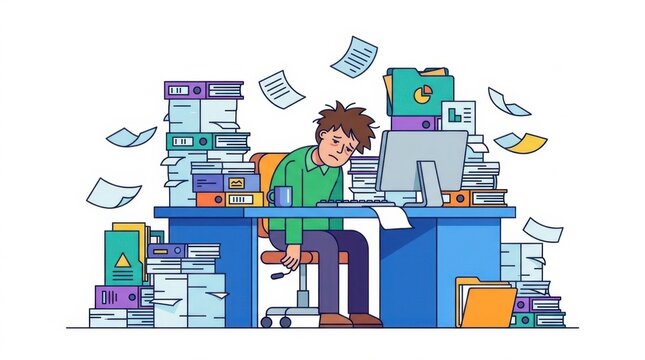 Overworked office worker exhausted by heavy workload and paperwork