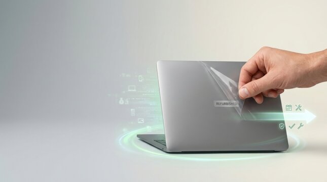 Person peeling film from a generic laptop to illustrate electronics reuse with premium refurbished label