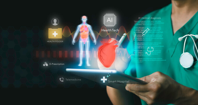 Doctor using tablet for AI medical diagnosis concept. Smart hospital, HealthTech, telemedicine, e-prescription, human organ anatomy scan, digital health folder, and futuristic healthcare.