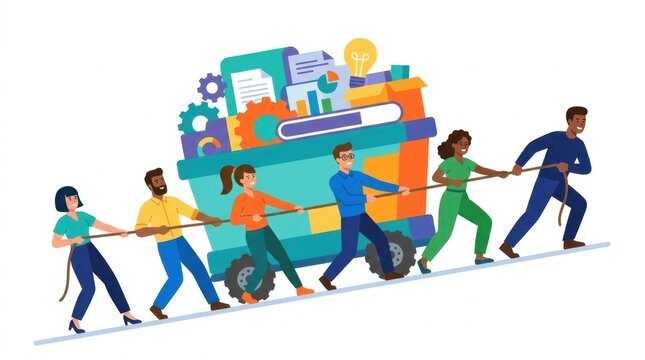 Diverse business team pulling heavy wagon of data and ideas uphill