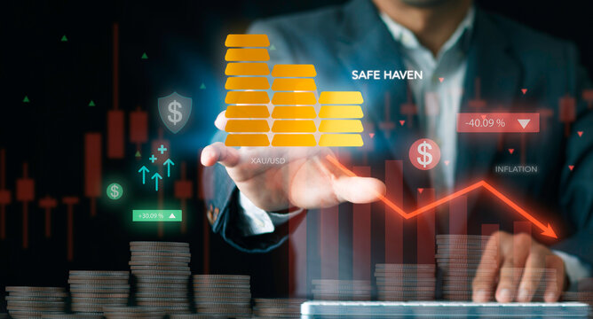 Investor analyzing gold safe haven asset during inflation concept. XAU USD trading, bullion investment growth chart, currency depreciation, stock market analysis, and wealth management.