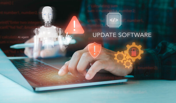 Programmer typing on laptop with AI agent software update concept. Security patch warning, system vulnerability alert, code optimization, cyber protection, and microchip processing.