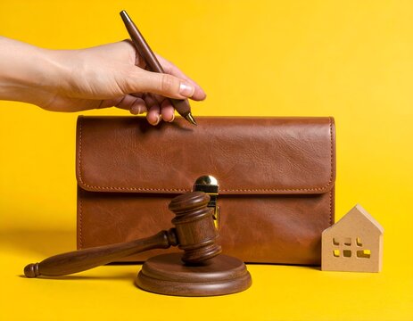 Hand writing above a case, gavel, and house miniature, all on yellow background