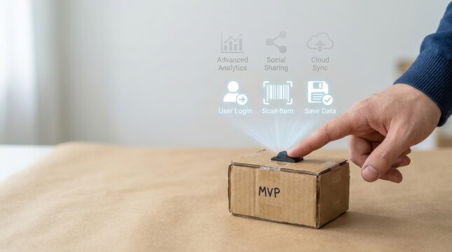 Hand testing a simple handmade cardboard product prototype to visualize the concept of minimum viable product development