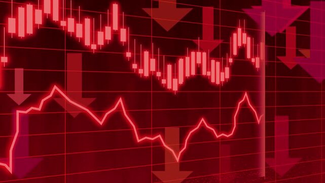 Red stock market crash graph with falling arrows and candlesticks indicating economic decline