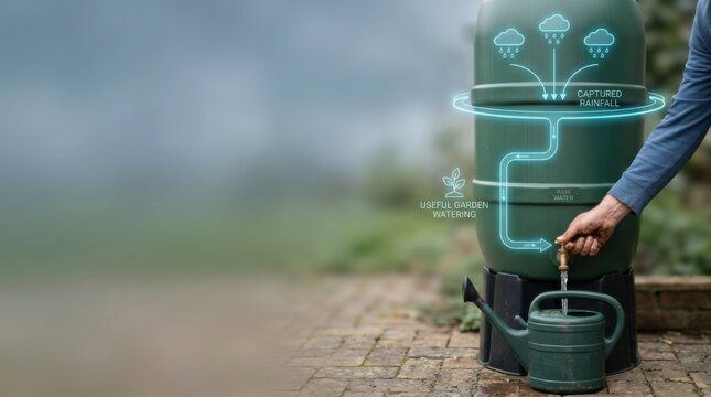 Man holding a watering hose to open a rain barrel tap for efficient rainwater storage and usage