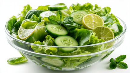 Obraz premium Fresh cucumber and lime salad with mint leaves in a clear glass bowl lime slices diet food