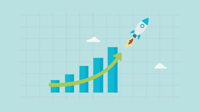 Blue bar chart with rising financial growth and a rocket ship launching upward rocket launch