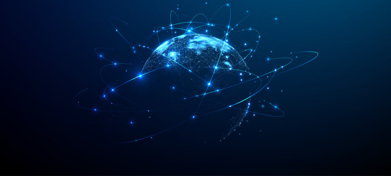 Digital world globe with glowing network connections, orbital lines and illuminated dots on blue background with large copy space. Futuristic global communication and technology concept. Vector 