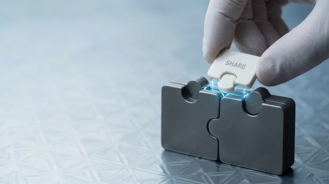 Human hand assembling cryptographic puzzle pieces representing secret sharing by dividing sensitive digital credentials