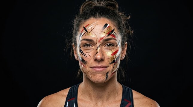 Woman with painted face and sport marks looking forward on dark background