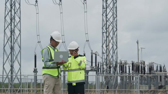 Electrical engineer and technician inspect substation equipment near power transmission tower and wind turbine infrastructure, while coworker uses laptop to discuss safety during energy maintenance