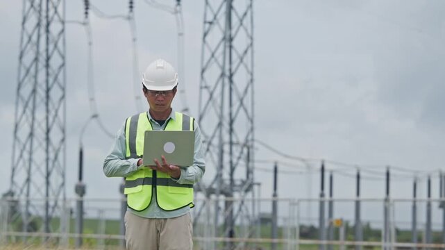 Electrical engineer safety vest and helmet using laptop power transmission tower and substation, conducting outdoor utility inspection, equipment maintenance, and energy infrastructure assessment