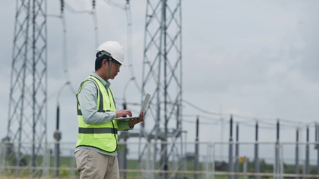 Engineer Electrical Substation Equipment Safety Inspection Wearing Hard Hat Reflective Vest Using Tablet Near Transmission Tower During Outdoor Maintenance Work in Power Station Wind Conditions