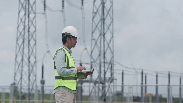 Engineer Electrical Substation Equipment Inspection With Tablet Safety Gear At Industrial Power Facility Supporting Outdoor Maintenance, Transmission Infrastructure, Workplace Safety And Energy