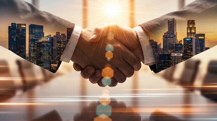 Fototapeta premium Double exposure photograph of a professional handshake combined with a modern cityscape at sunrise.