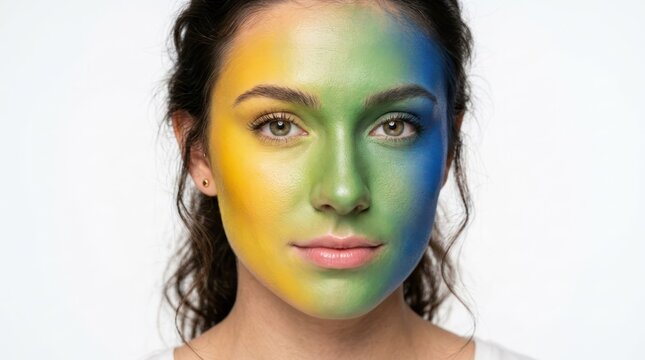 Closeup portrait of woman with colorful face paint, creative studio makeup