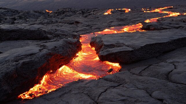 igneous. Volcanic lava flowing through rock fissures, cooling with metallic sheen veins. ESG reports, sustainability campaigns, designed for environmental awareness campaigns.