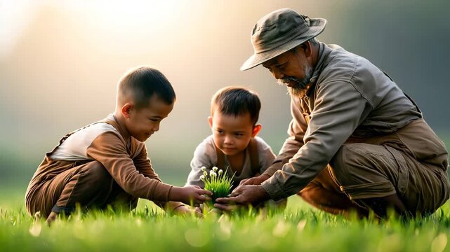Three Generations of Farming Family Planting Rice Together