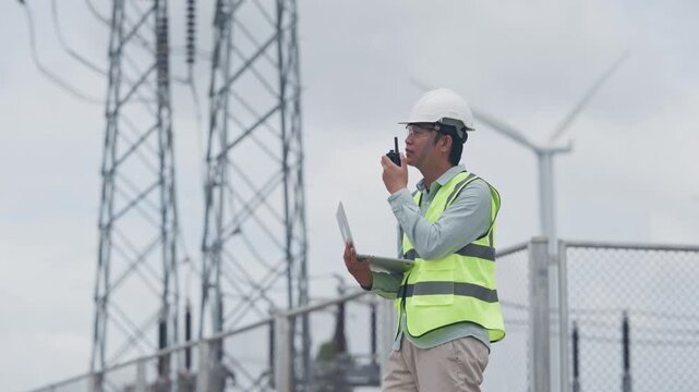 Engineer Inspecting Wind Turbine Near Electrical Power Infrastructure, Using Radio and Tablet, Wearing Safety Helmet and Reflective Vest During Industrial Maintenance at Power Station and Substation