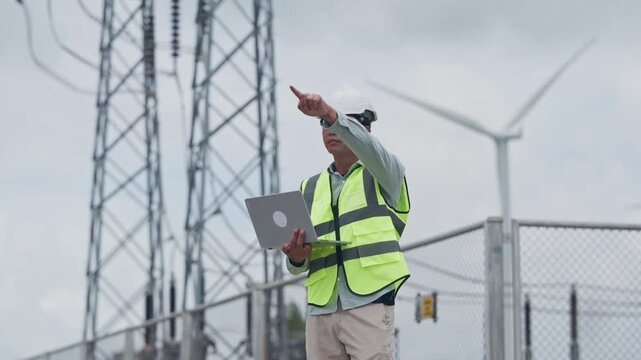 Engineer inspecting power grid infrastructure near wind turbine with laptop and tablet, renewable energy maintenance, electrical transmission tower, substation operations, utility safety equipment