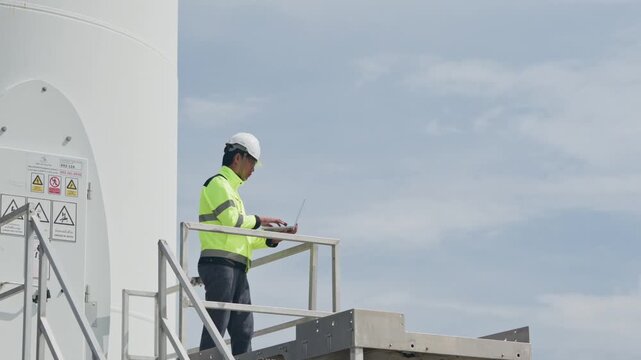 Engineer workout wind turbine inspection from elevated platform under cloudy sky, wearing safety helmet and high visibility vest during renewable energy maintenance work