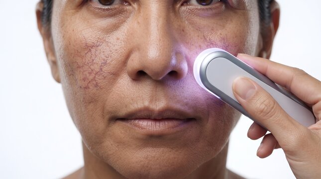 Skincare treatment using phototherapy device on facial broken capillaries and rosacea