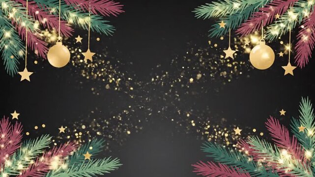 Christmas pine branches and golden baubles frame with sparkling magic dust animation