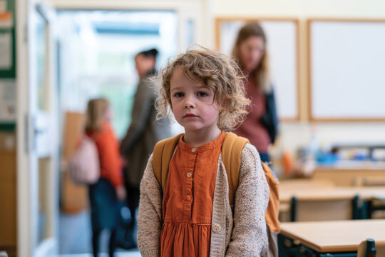A pensive young girl stands inside a classroom, capturing a moment of quiet contemplation amidst her surroundings, hinting at her thoughts and feelings in a busy environment.