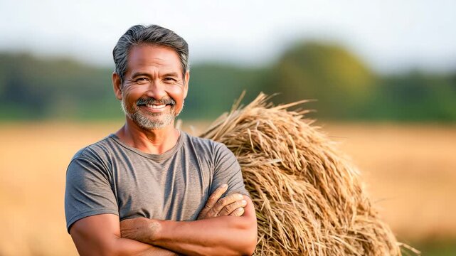 Happy Farmer Standing Beside Harvested Rice Bundles