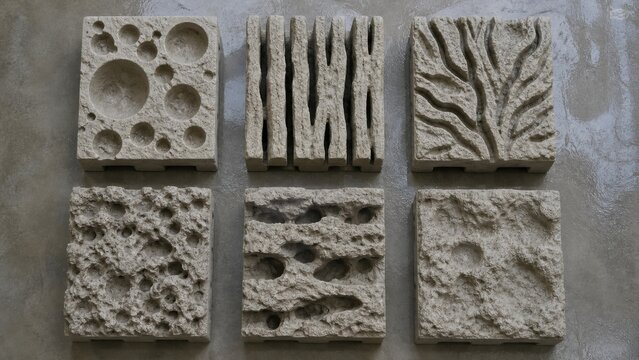 Six unbranded marine habitat blocks display distinct tide pools