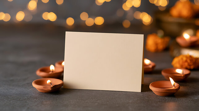 Blank greeting card mockup surrounded by traditional clay oil lamps with glowing flames and warm bokeh lights for festive celebration event