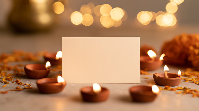 Blank greeting card mockup surrounded by traditional clay oil lamps and warm bokeh lights for Indian festival celebration and prayer event