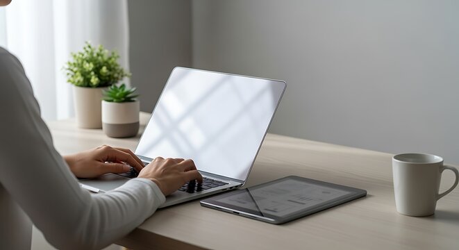 Working on Laptop at a Modern Home Office Desk with Tablet and Plants