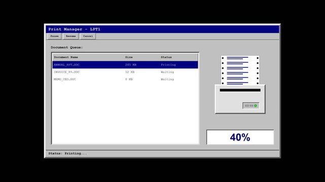 Retro dot matrix printer output text animation on white background