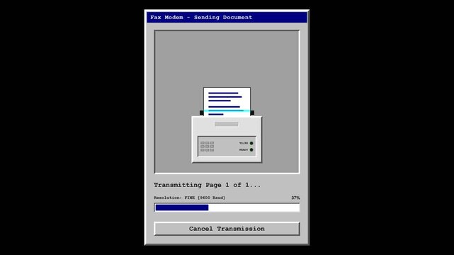 Digital fax transmission animation with data document processing