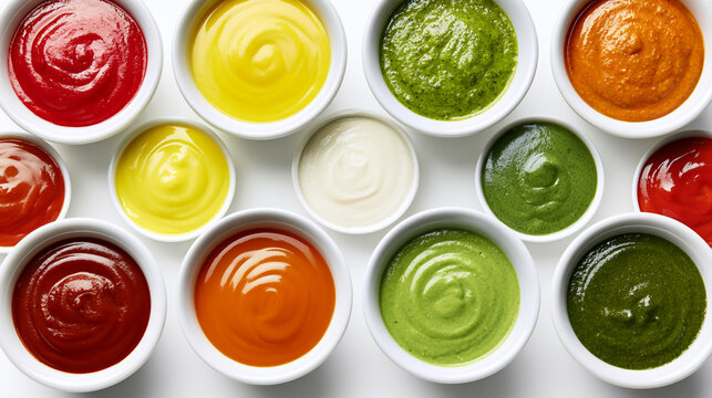 Colorful assortment of different sauces in white bowls viewed from above with sauce assortme