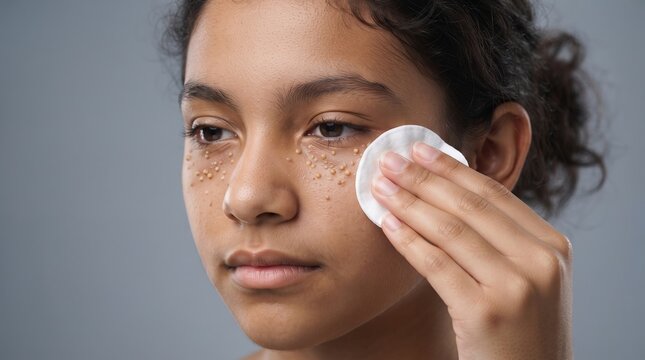 Teenage girl using cotton pad to clean face with milia under eyes
