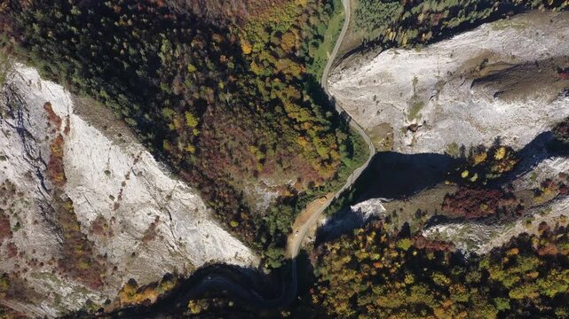  Aerial top down view of deep canyon, gorge road in autumn forest 