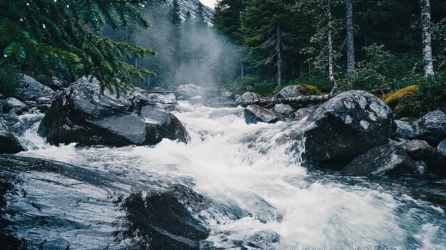 Fast Flowing Mountain River Rapid Rushing Through Moody Forest With Mist And Wet Rocks Landscape Video Footage