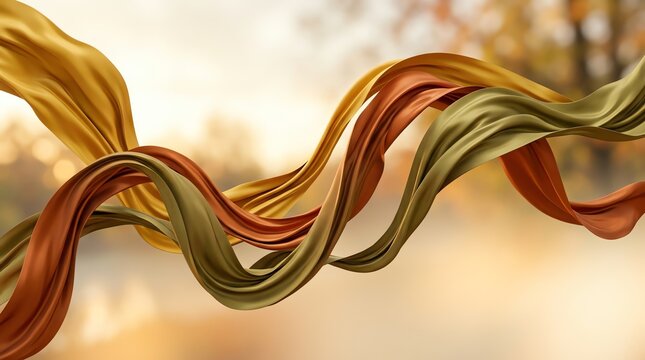 Flowing silk ribbons in rich autumn colors waving against a blurred background