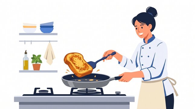 Chef preparing toast: A smiling female chef, dressed in a white uniform and apron, expertly flips a piece of golden-brown toast in a frying pan on a stovetop, preparing a delicious breakfast.