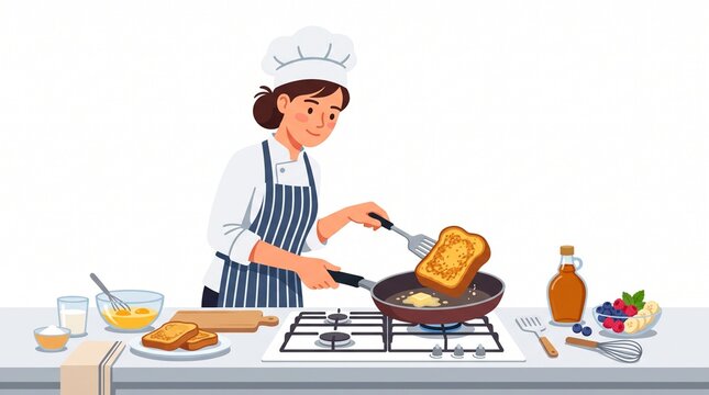 French Toast Perfection: A smiling chef in a white toque and striped apron expertly flips a golden-brown slice of French toast in a sizzling pan, surrounded by ingredients for a delicious breakfast.
