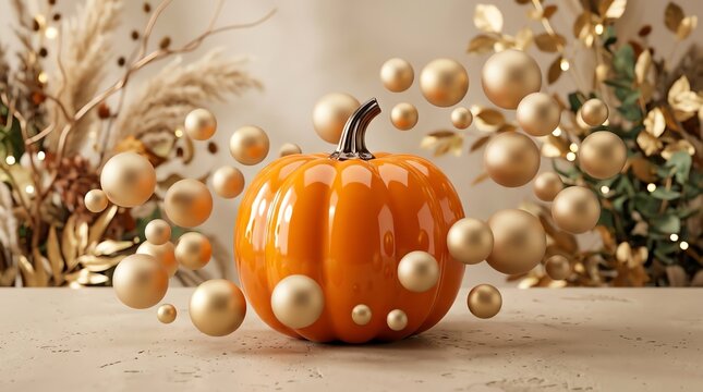 Glossy Orange Ceramic Pumpkin Surrounded by Floating Golden Orbs in a Soft Focus Studio Setting