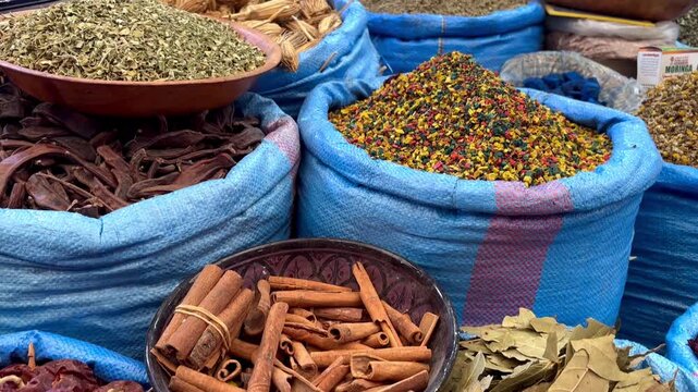 Colorful Spices Displayed at a Traditional Souk in Agadir, Morocco